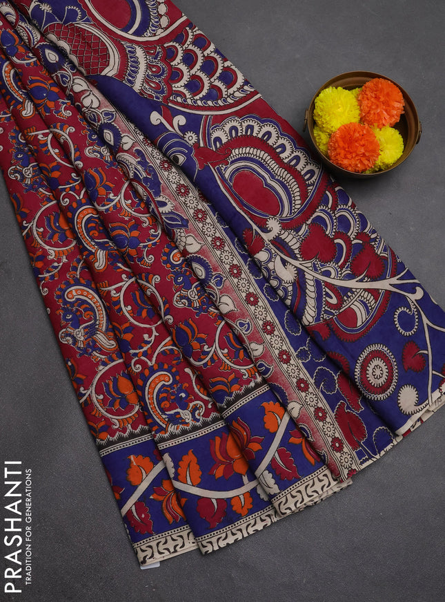 Kalamkari semi silk saree magenta pink and blue with allover prints and printed border