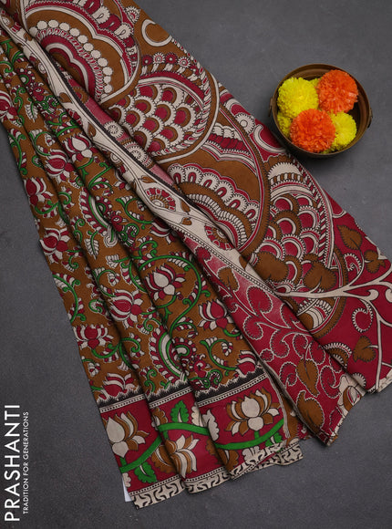 Kalamkari semi silk saree brown and magenta pink with allover prints and printed border