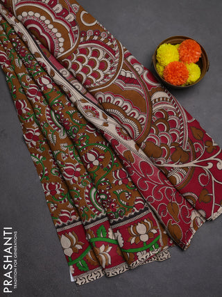Kalamkari semi silk saree brown and magenta pink with allover prints and printed border