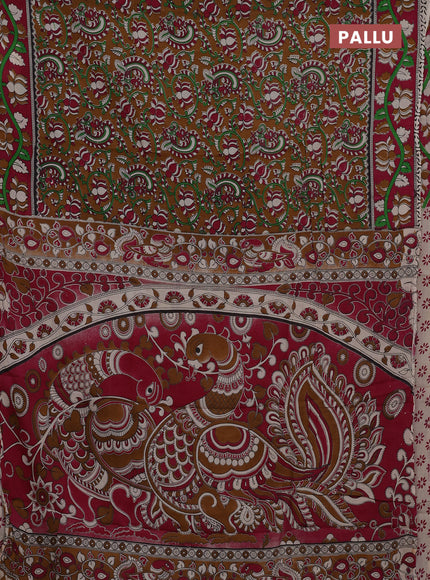 Kalamkari semi silk saree brown and magenta pink with allover prints and printed border