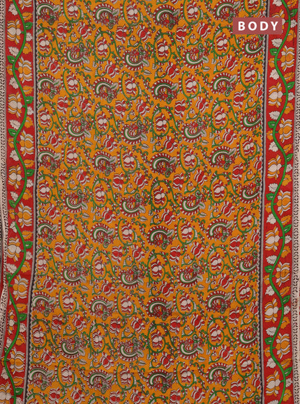 Kalamkari semi silk saree mustard yellow and red with allover prints and printed border