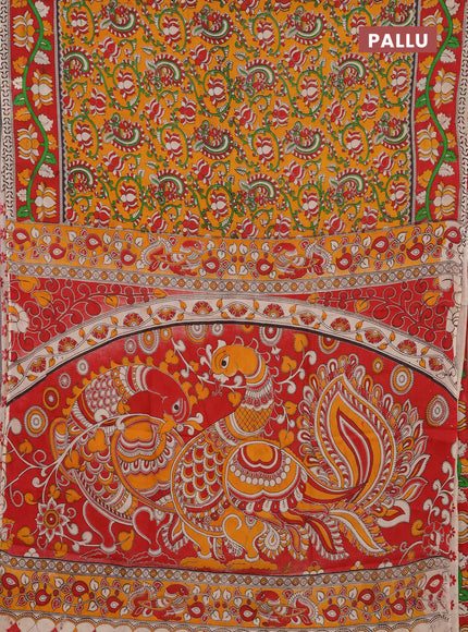 Kalamkari semi silk saree mustard yellow and red with allover prints and printed border