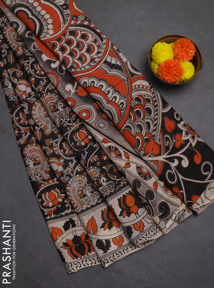 Kalamkari semi silk saree black and beige with allover prints and printed border