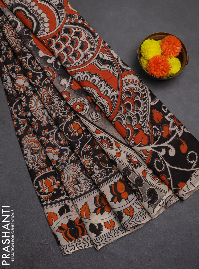 Kalamkari semi silk saree black and beige with allover prints and printed border