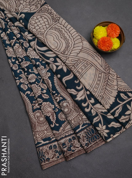 Kalamkari semi silk saree peacock blue and beige with allover prints and printed border
