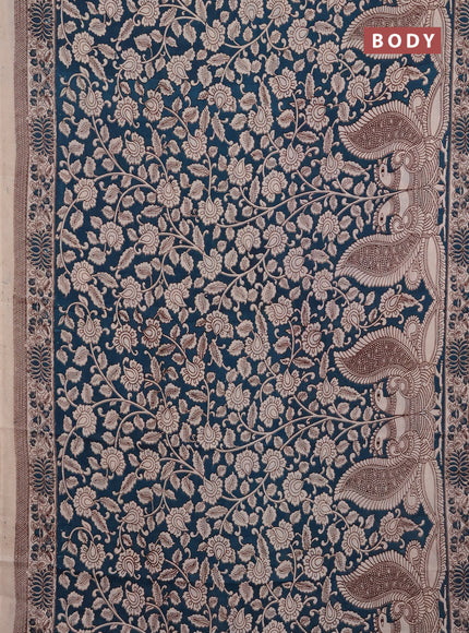 Kalamkari semi silk saree peacock blue and beige with allover prints and printed border