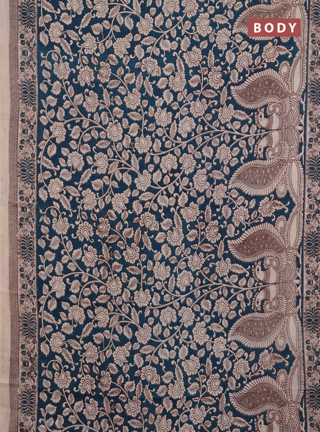 Kalamkari semi silk saree peacock blue and beige with allover prints and printed border