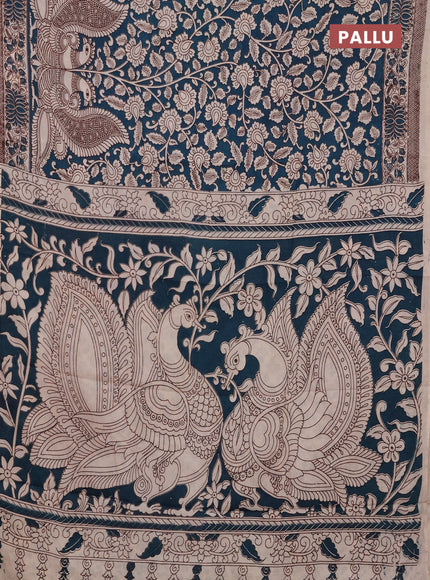 Kalamkari semi silk saree peacock blue and beige with allover prints and printed border