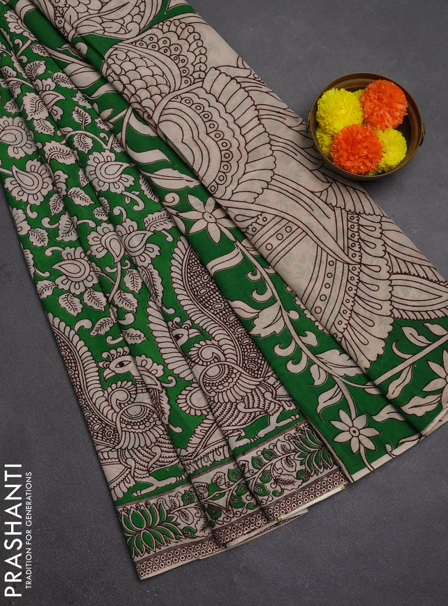 Kalamkari semi silk saree beige and green with allover prints and printed border