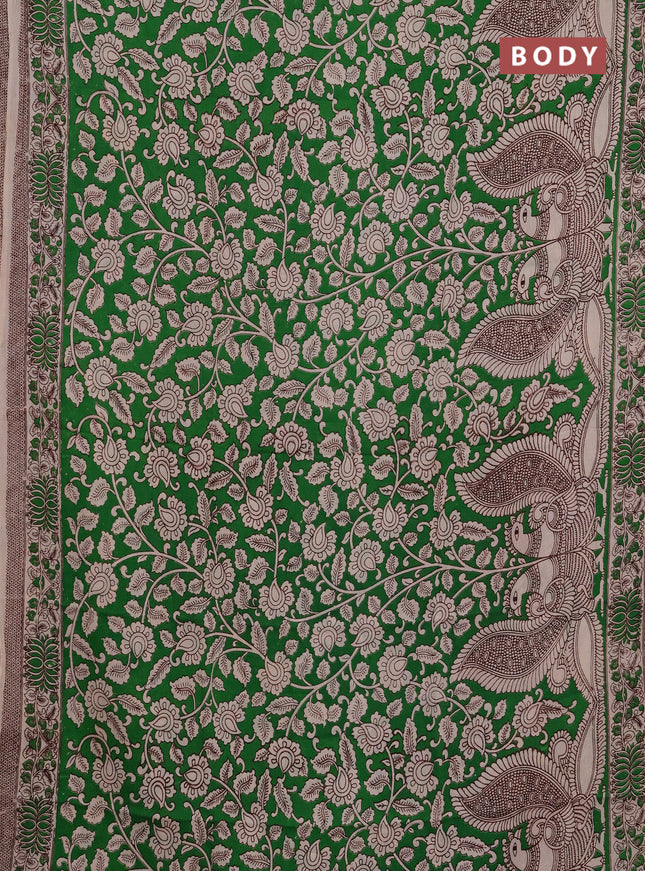 Kalamkari semi silk saree beige and green with allover prints and printed border
