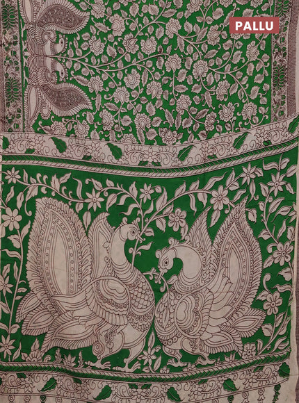 Kalamkari semi silk saree beige and green with allover prints and printed border