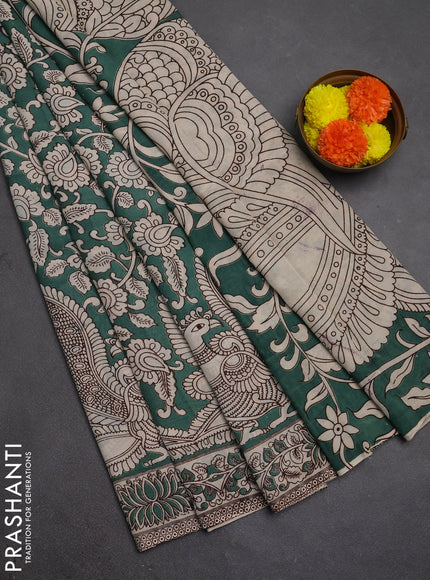 Kalamkari semi silk saree green shade and beige with allover prints and printed border