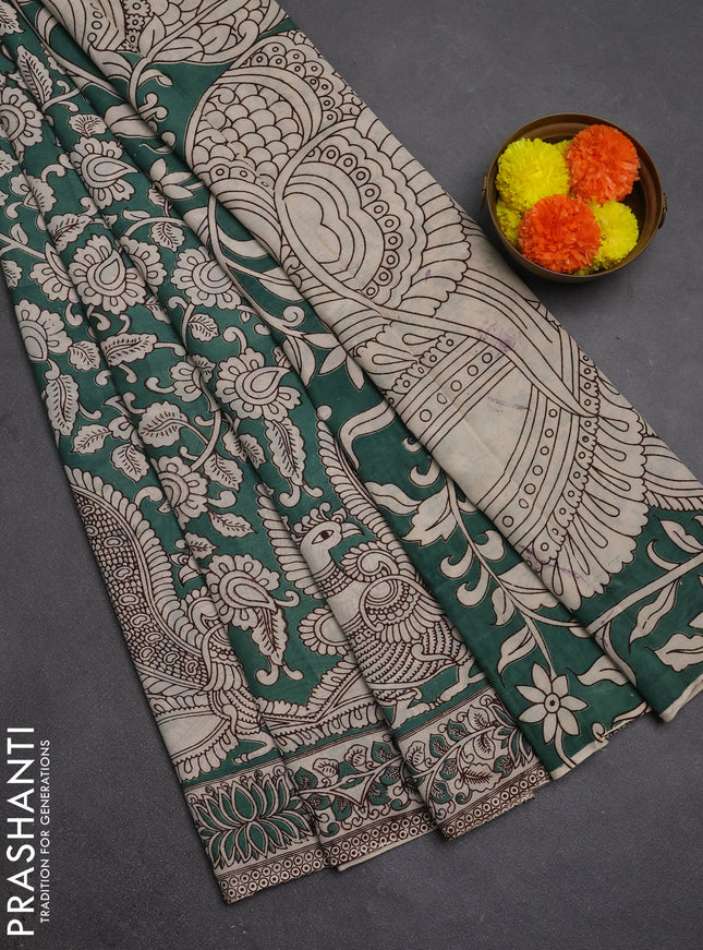 Kalamkari semi silk saree green shade and beige with allover prints and printed border