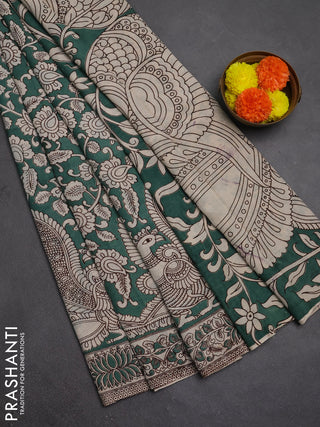 Kalamkari semi silk saree green shade and beige with allover prints and printed border