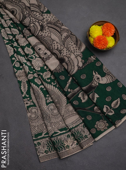 Kalamkari semi silk saree green and beige with allover prints and printed border