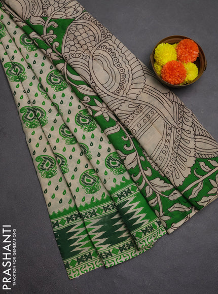 Kalamkari semi silk saree beige and light green with allover prints and printed border