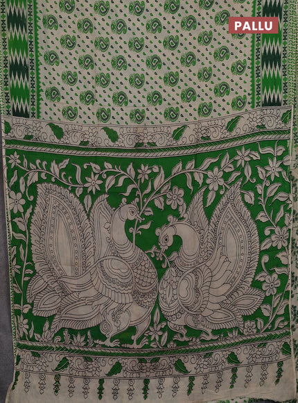 Kalamkari semi silk saree beige and light green with allover prints and printed border