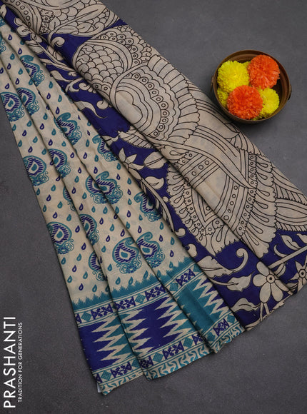 Kalamkari semi silk saree beige and teal blue with allover prints and printed border