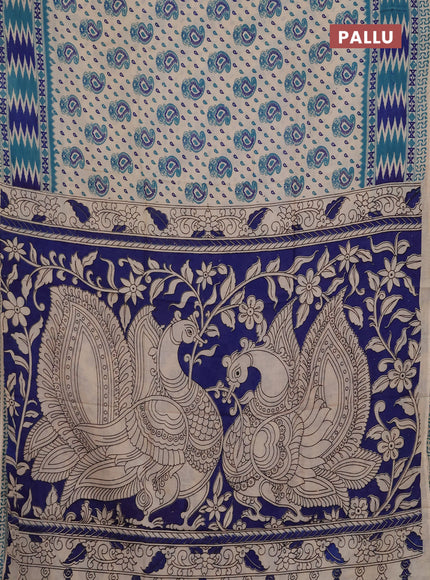 Kalamkari semi silk saree beige and teal blue with allover prints and printed border