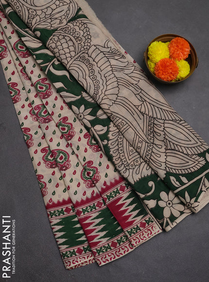 Kalamkari semi silk saree beige and dark pink with allover prints and printed border