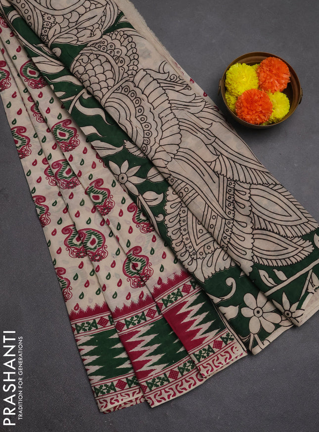 Kalamkari semi silk saree beige and dark pink with allover prints and printed border
