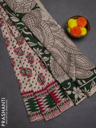 Kalamkari semi silk saree beige and dark pink with allover prints and printed border