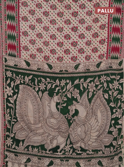 Kalamkari semi silk saree beige and dark pink with allover prints and printed border