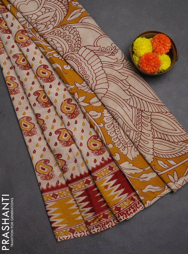 Kalamkari semi silk saree beige and mustard yellow with allover prints and printed border