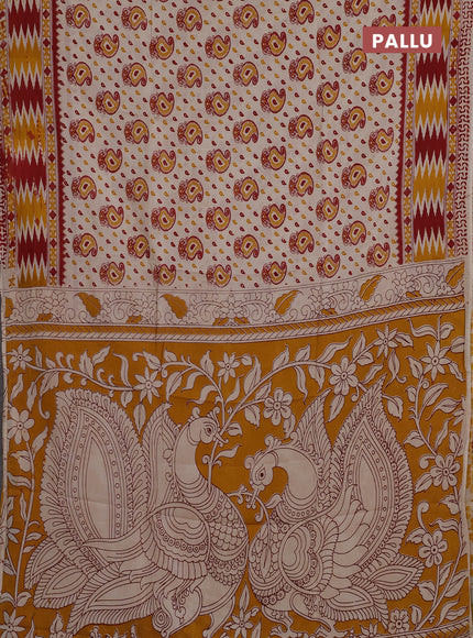 Kalamkari semi silk saree beige and mustard yellow with allover prints and printed border