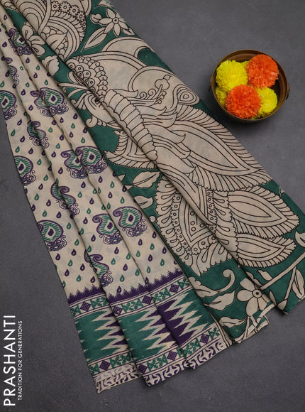 Kalamkari semi silk saree beige and violet with allover prints and printed border