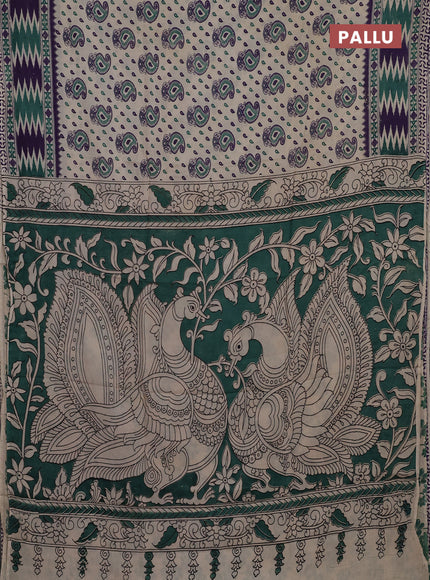 Kalamkari semi silk saree beige and violet with allover prints and printed border