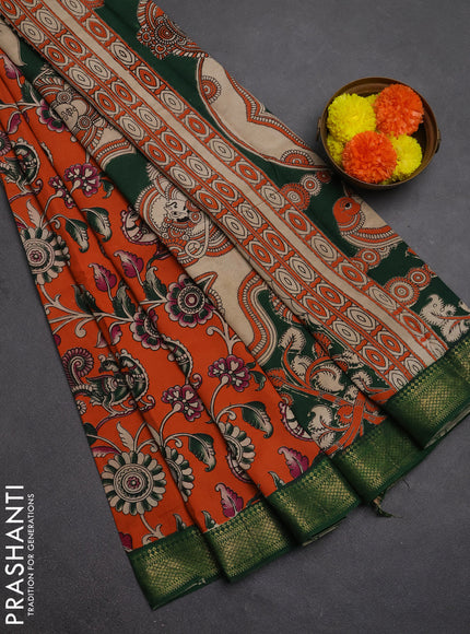 Kalamkari semi silk saree orange and green with allover prints and mangalgiri border