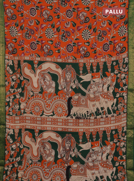Kalamkari semi silk saree orange and green with allover prints and mangalgiri border