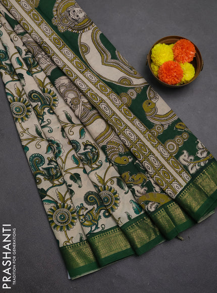 Kalamkari semi silk saree beige and green with allover prints and mangalgiri border