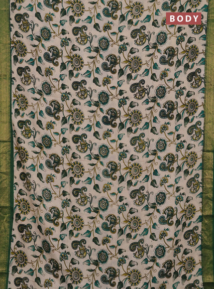 Kalamkari semi silk saree beige and green with allover prints and mangalgiri border