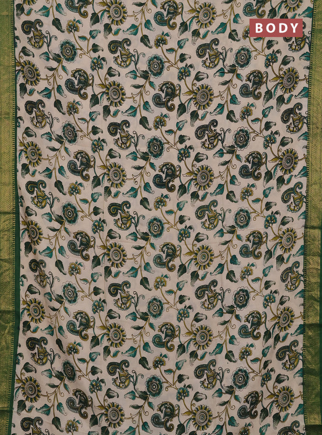 Kalamkari semi silk saree beige and green with allover prints and mangalgiri border