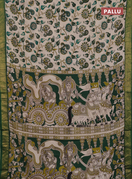 Kalamkari semi silk saree beige and green with allover prints and mangalgiri border