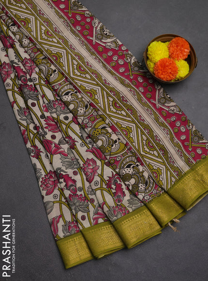 Kalamkari semi silk saree beige and light green with allover prints and mangalgiri border