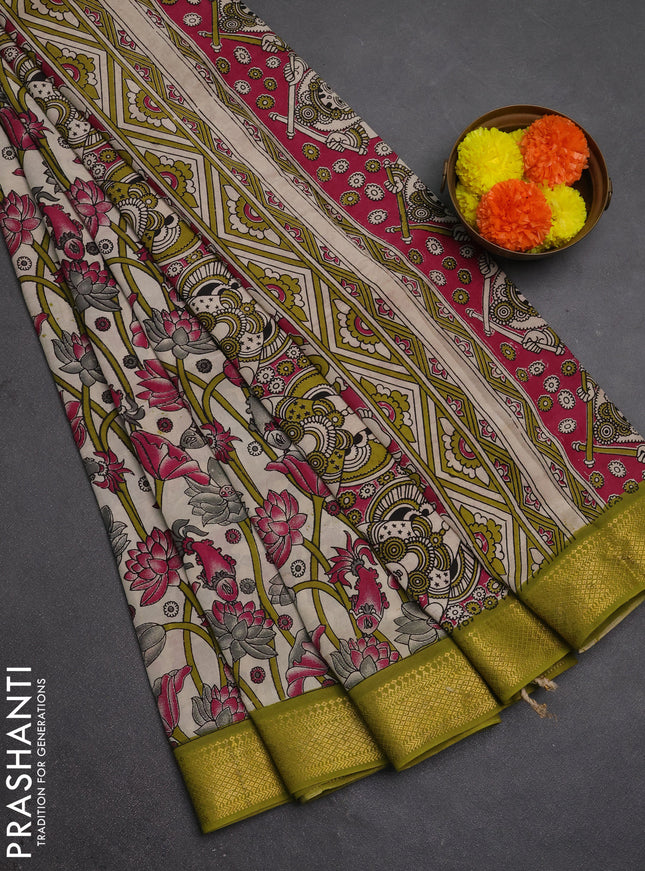 Kalamkari semi silk saree beige and light green with allover prints and mangalgiri border