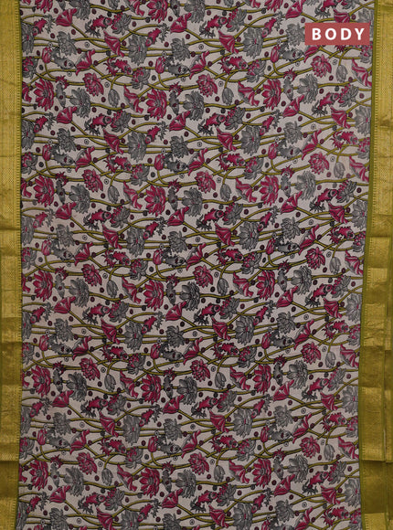 Kalamkari semi silk saree beige and light green with allover prints and mangalgiri border