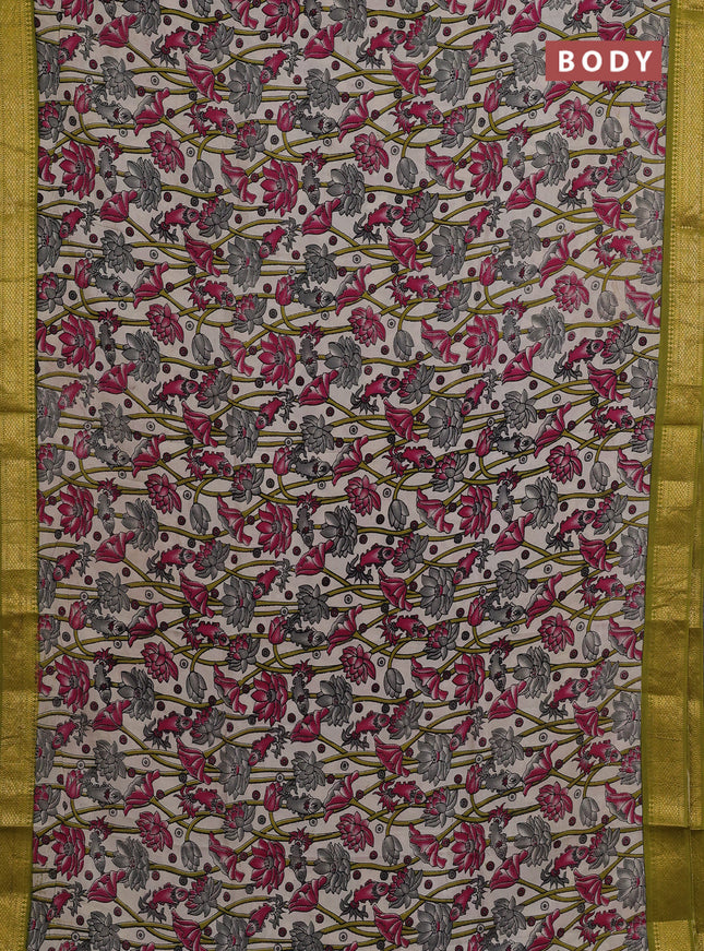 Kalamkari semi silk saree beige and light green with allover prints and mangalgiri border