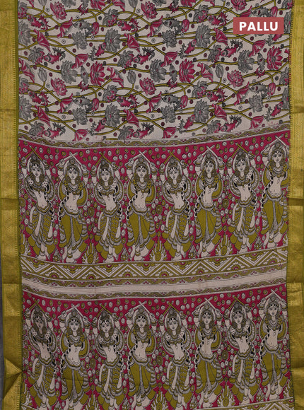 Kalamkari semi silk saree beige and light green with allover prints and mangalgiri border