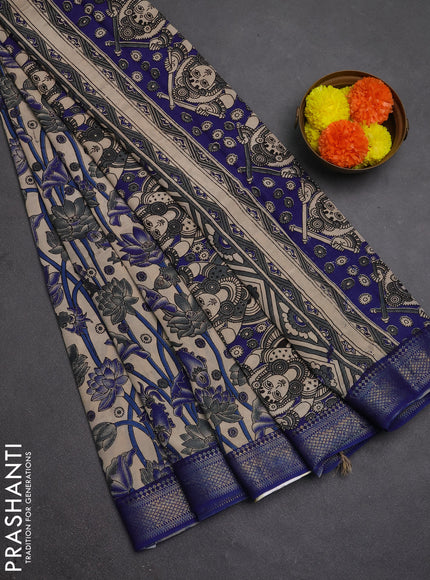Kalamkari semi silk saree beige and blue with allover prints and mangalgiri border