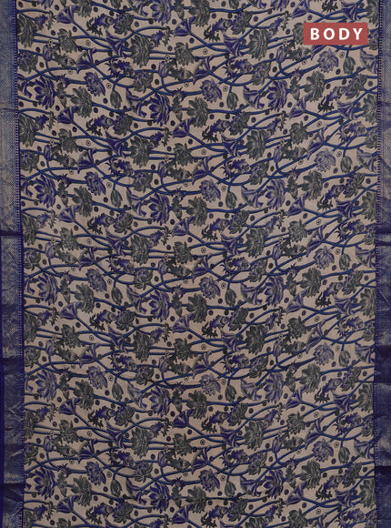 Kalamkari semi silk saree beige and blue with allover prints and mangalgiri border