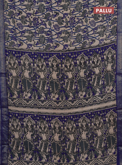 Kalamkari semi silk saree beige and blue with allover prints and mangalgiri border