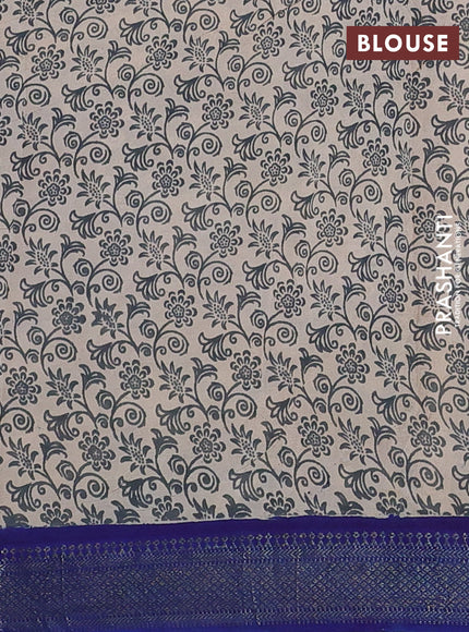 Kalamkari semi silk saree beige and blue with allover prints and mangalgiri border