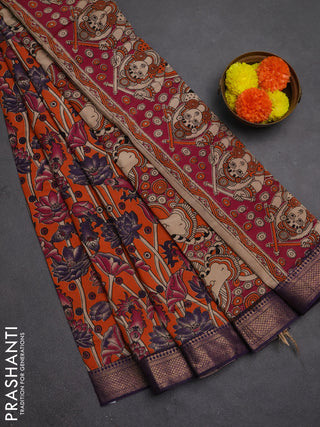 Kalamkari semi silk saree orange and violet with allover prints and mangalgiri border