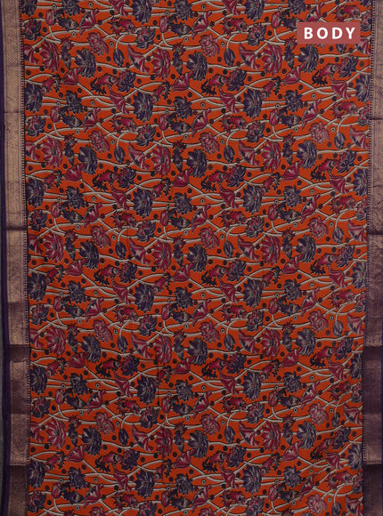 Kalamkari semi silk saree orange and violet with allover prints and mangalgiri border