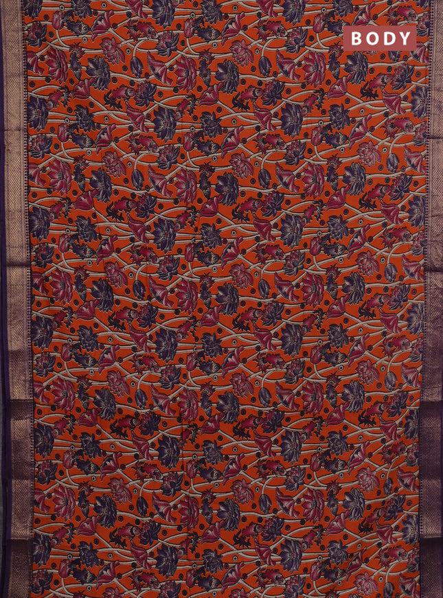 Kalamkari semi silk saree orange and violet with allover prints and mangalgiri border