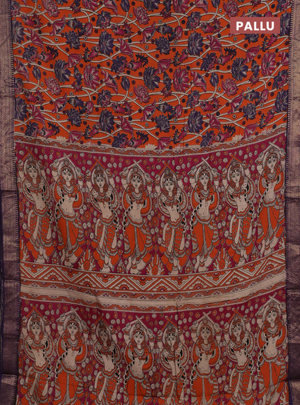 Kalamkari semi silk saree orange and violet with allover prints and mangalgiri border